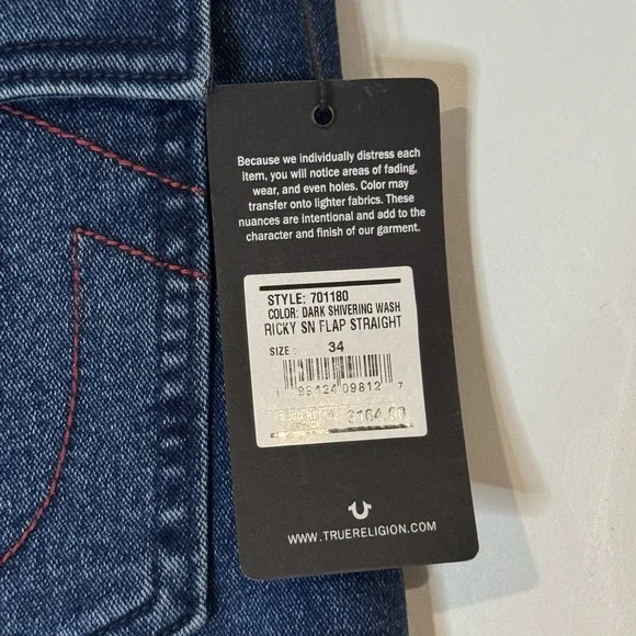 True Religion Ricky SN Flap Straight Dark Shivering Wash Men's Size 34x32